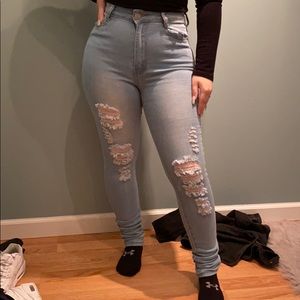 High Waisted Light Blue Ripped Skinny Jeans